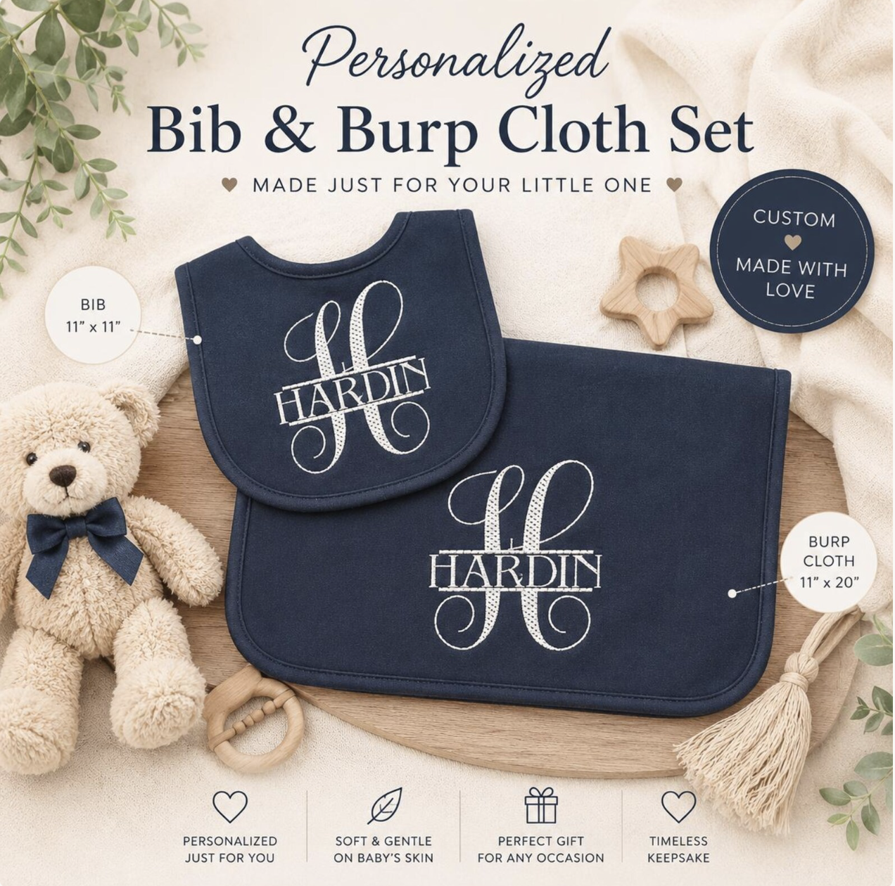 Embroidered Bib and Burp Cloth Set