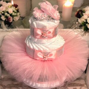 Diaper Cake with TuTu/Rhinestone Ribbon
